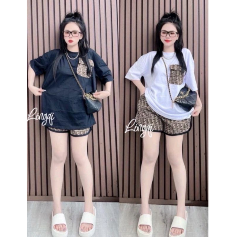 พร้อมส่ง งานชุดเสื้อเสื้อแขนสั้นมีกระเป๋าหน้าใช้งานได้จริงคู่กับกางเกงขาสั้นเข้าชุดกันงานผ้าเนื้อบางใส่สบายๆ