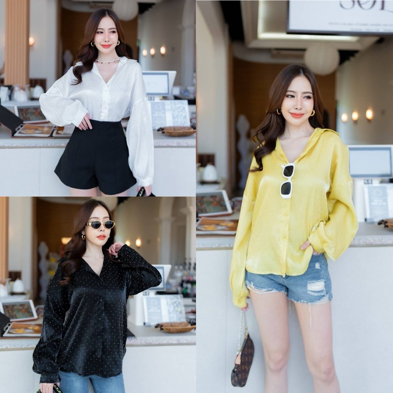 เสื้อเชิ้ตซาตินปักเพชร เเขนยาวผ้าสวยพริ้วมาก ผ้าดีคุ้มเกินราคา อก44“