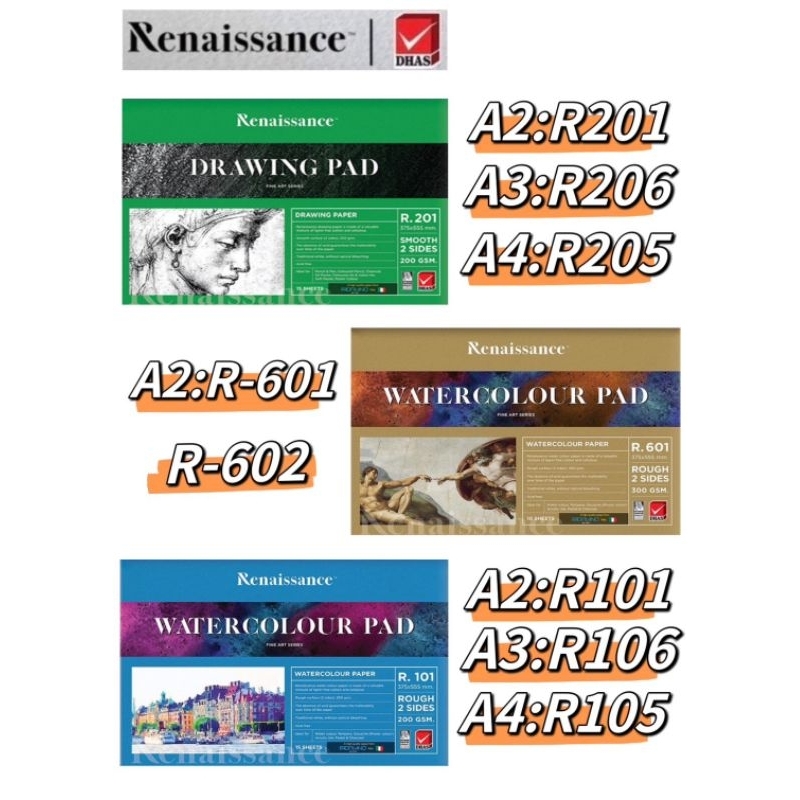 Renaissance สมุดวาดเขียน ปกฟ้า ปกเขียวปกทอง แบบเรียบ แบบหยาบ ผิวเรียบเนียน ไม่มีสะดุด