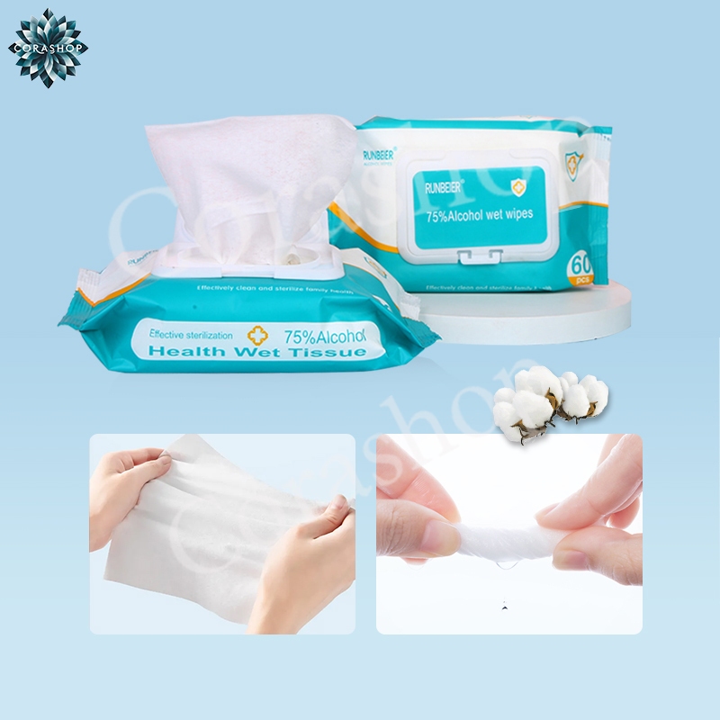 ทิชชู่เปียก แอลกอฮอล์ 75% ทิชชูแอลกอฮอล์ ทิชชู่เปียกผสม​แอลกอฮอล์75% Alcohol wipes ฆ่าเชื้อ เช็ดมือ 1ห่อ 60 แผ่น