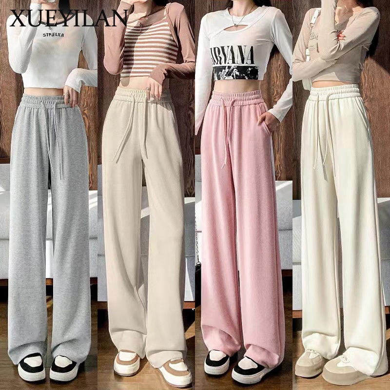 🚚พร้อมส่งจากกทมกางเกงลำลองสตรี/กางเกงวอร์มผ้าฝ้าย กางเกงเอวรูด เอวสูงเพื่อแสดงความผอม 5 สีให้เลือก