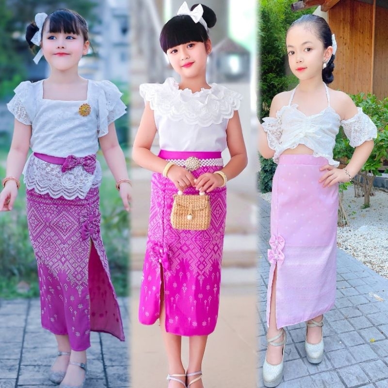 (รหัสLi) ชุดไทยประยุกต์เด็กหญิง งานเสื้อ กระโปรง แถมโบว์ผูกผม (ไม่รวมประดับ)