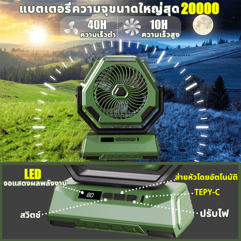 10นิ้วสามารถชาร์จมือถือได้ พัดลมพกพา แบตเตอรี่ลิเธียม18V20000mah ไฟ LED ปรับได้3ระดับ