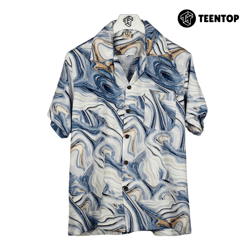 เสื้อฮาวาย ผ้าไหมอิตาลี เสื้อเชิ้ต แขนสั้น Teentop ขาวฟ้า