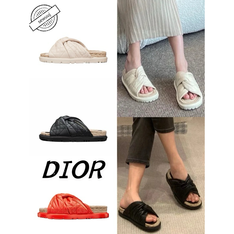 ของแท้ DIOR Dtwist ขนแกะหนังแกะรองเท้าแตะแฟชั่นส่วนบนสำหรับผู้หญิง