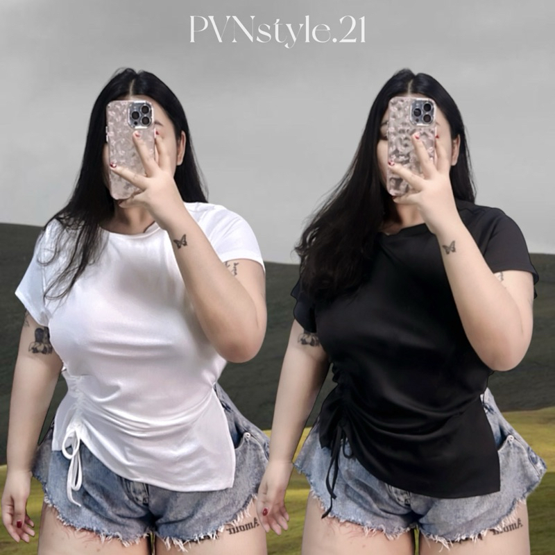 เสื้อแขนสั้นคอกลมผ้าร่องสาวอวบ ดีเทลรูดสายชายเสื้อ อก 38-52