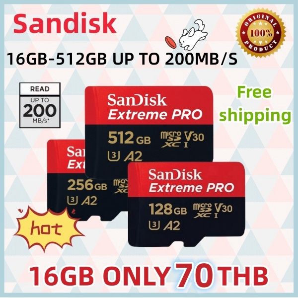 Sandisk คลังสินค้า Extreme Pro SD Card 512GB 256GB 128GB 64GB 32GB 16GB  การ์ดหน่วยความจำ SDXC UHS-I U3 A2 V30อะแดปเตอร์