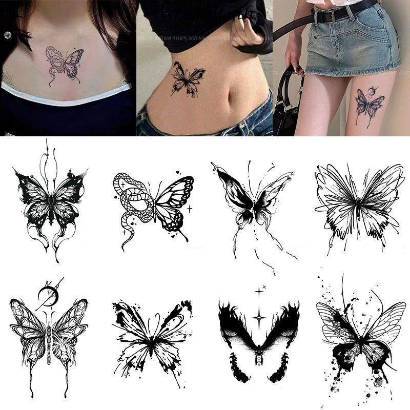 COD-ในไทย สติกเกอร์รอยสัก รูปผีเสื้อ สีดำ Insสไตล์เกาหลี สำหรับผู้หญิง ชั่วคราว กึ่งถาวร ถอดออกได้ เครื่องประดับแฟชั่น-