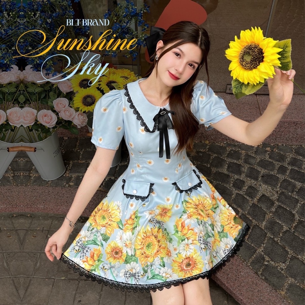 MYT x BLT SPECIAL : [BT369] : Sun Shine Sky Mini Dress : มินิเดรสสูททานตะวัน โบว์ดำ