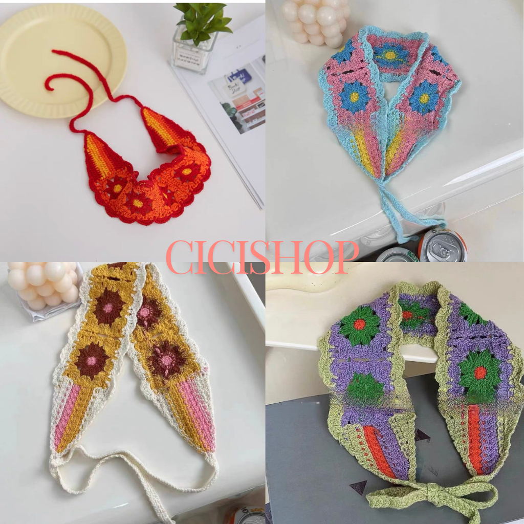 Cicishop(A411)ผ้าคาดหัว ถักโครเชต์ แฮนด์เมด ทรงวินเทจ ปรับได้ แมทช์ได้หลายสไตล์