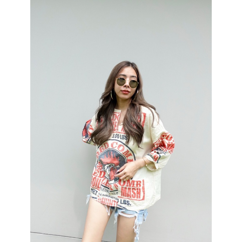 เสื้อผ้าดิบฟอก นิ่มสกรีนลายใส่สบายโอเวอร์ไซด์เอาใจไซด์ใหญ่