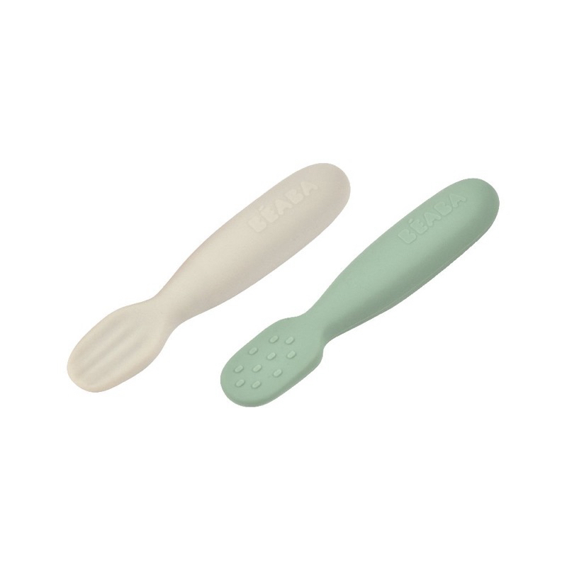 BEABA ช้อนหัดทานอาหาร Set of 2 Silicone Pre Spoons – Sage Green/Velvet Grey