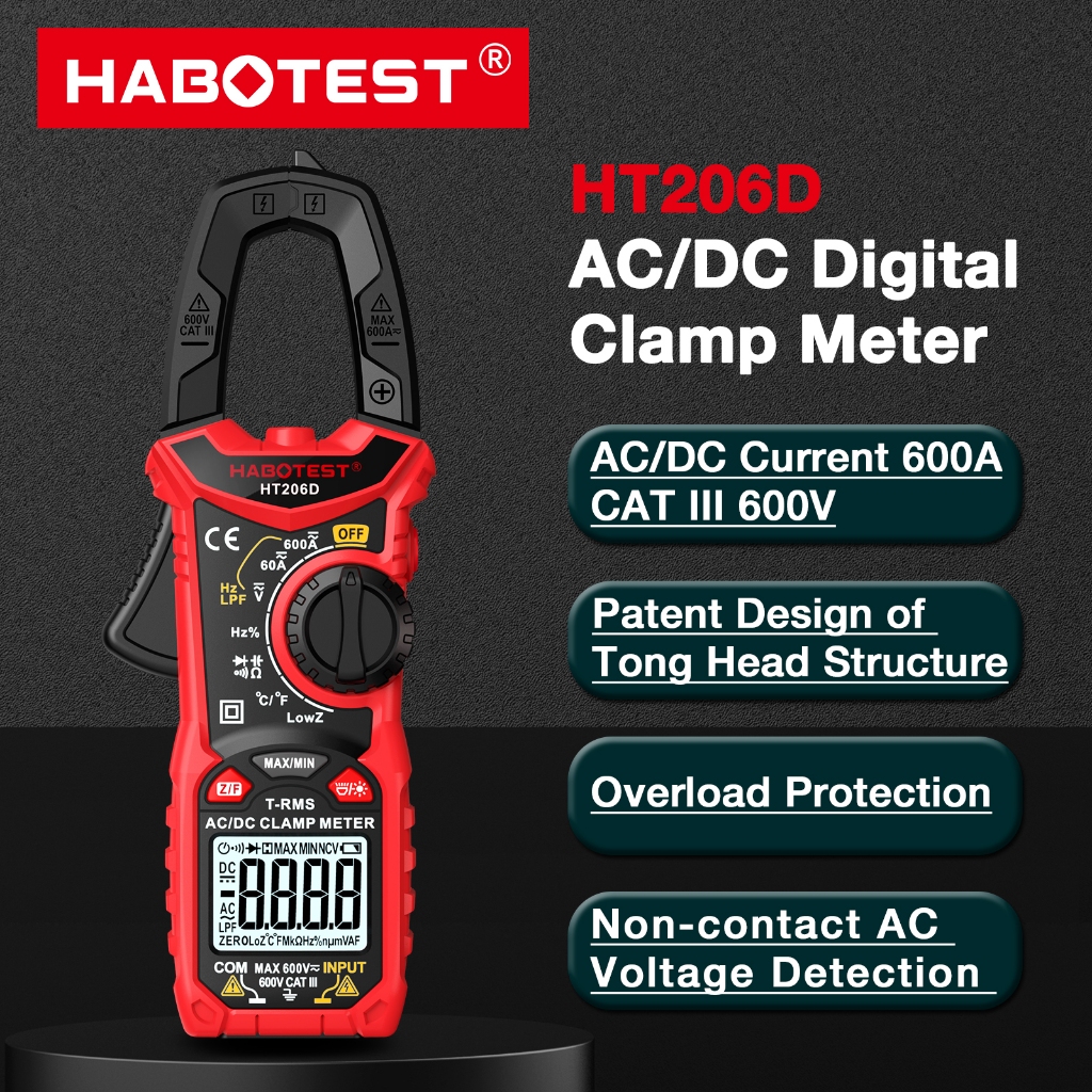 HABOTEST HT206 แคลมป์มิเตอร์ 600V AC/DC 6000 นับดิจิตอล มัลติมิเตอร์ ปัจจุบันอัตโนมัติช่วงมัลติมิเตอร์ 600A แอมป์ มิเตอร