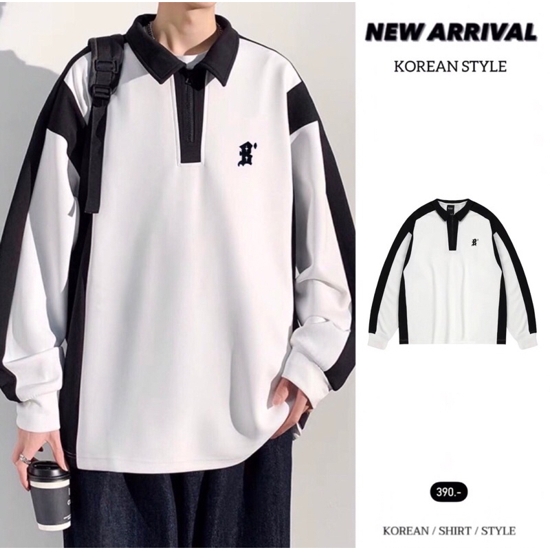 [HERMANZ] เสื้อแขนยาว คอปกซิป อักษรB แนวสตรีท