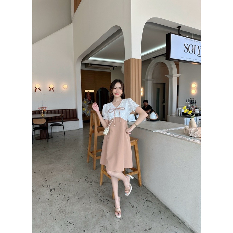 Lala dress เดรสออกงานแขนตุ๊กตาทูโทนลูกไม้ ป้าย mabel รูปที่ 3
