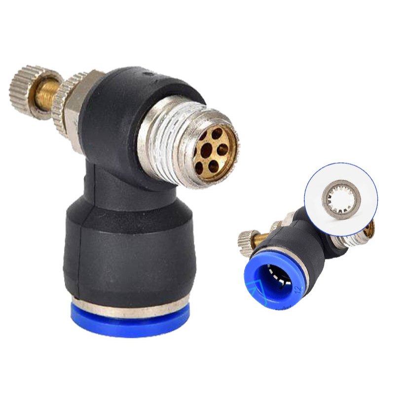 ข้อต่อลมปรับเร็วลม ตัวปรับลม งอ90องศา สวมสายSL6,8,10,12mm. เกลียวนอก 1/8" 1/4" 3/8" 1/2" (ราคา/ชิ้น)