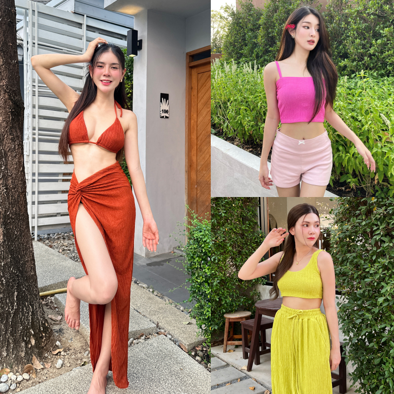 🌈SpinnyHouse🌈ชุดไปทะเล ผ้าเปลือกไม้ทรงดี ผ้านิ่มไม่บาง 🍓 สาวอวบใส่ได้ ผ้ายืดตามตัว รุ่น รวมเซ็ตทะเลผ้าเปลือกไม้