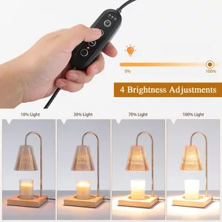[แพคเกจกล่องของขวัญ] โคมไฟอุ่นเทียน Candle Warmer ตั้งเวลา หรี่แสง ขาไม้, โป๊ะโคมแก้ว พร้อมหลอดไฟฟรี 1 หลอด