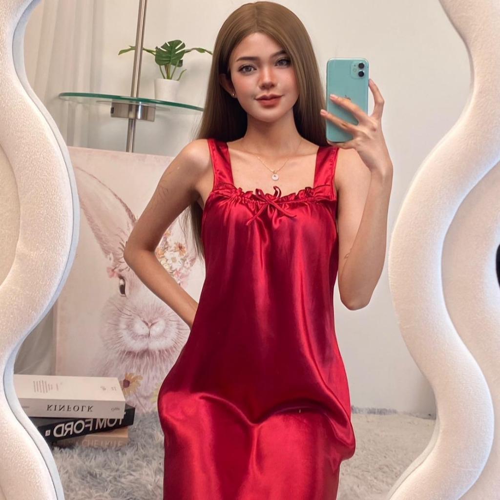 ซาตินเดรสสายเดี่ยว กระโปรงนอน ลื่นชื่นถือถือ สไตล์คลาสสิก คลุม สาว อ้วน พลัสไซส์ Q401