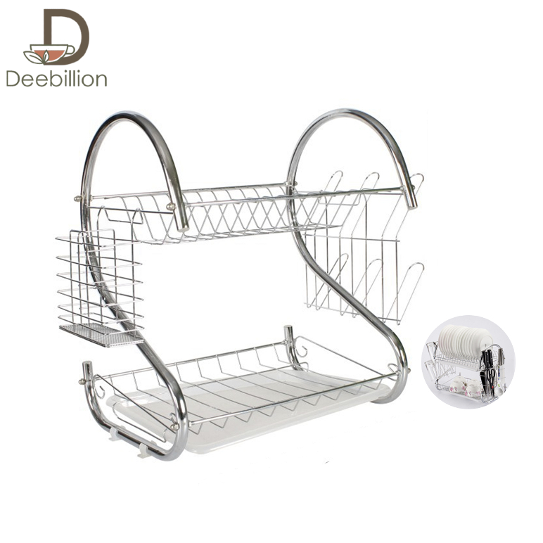ที่คว่ำจานสแตนเลส ที่วางจาน 2ชั้น ชั้นวางจาน Dish Rack 2ชั้น พร้อมถาดรองน้ำ ที่ใส่ช้อน ประหยัดพื้นที่ในครัว Deebillion