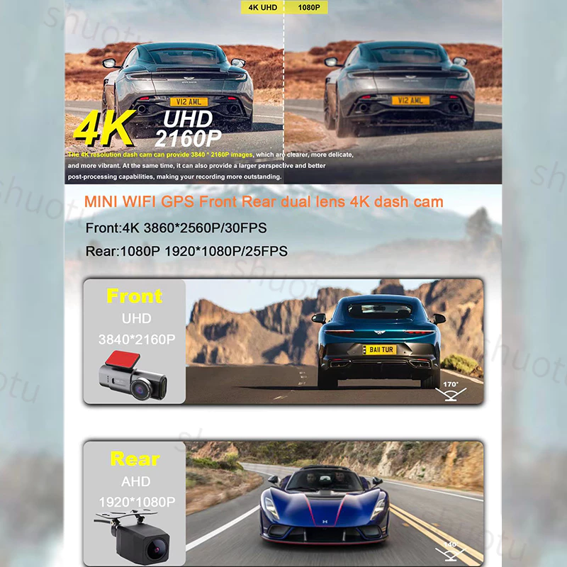 4K dash cam กล้องติดรถยนต์ 2160P ULTRA HD กล้องหน้าหลัง มุมกว้าง 170°การเชื่อมต่อ APP WiFi การดูแบบเรียลไทม์ โหมดกลางคืน thumbnail 3