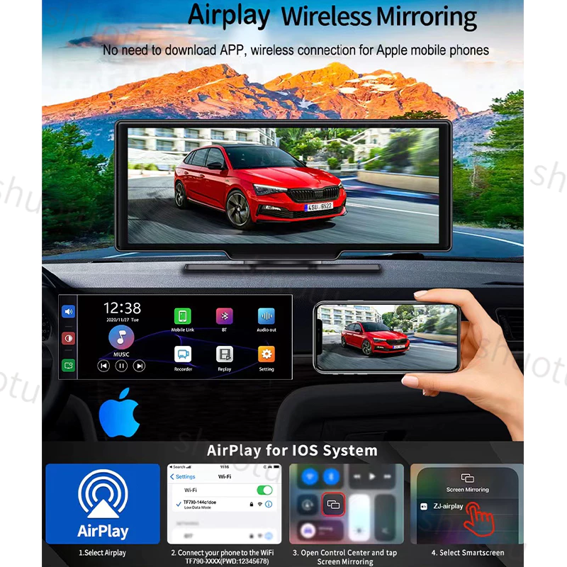 4K กล้องติดรถยนต์+กล้องหลังฟรี 10.26นิ้ว TouchScreen DVR WIFI บลูทู ธ เสียงควบคุมฟังก์ชั่น Android Auto carplay Dash Cam thumbnail 6