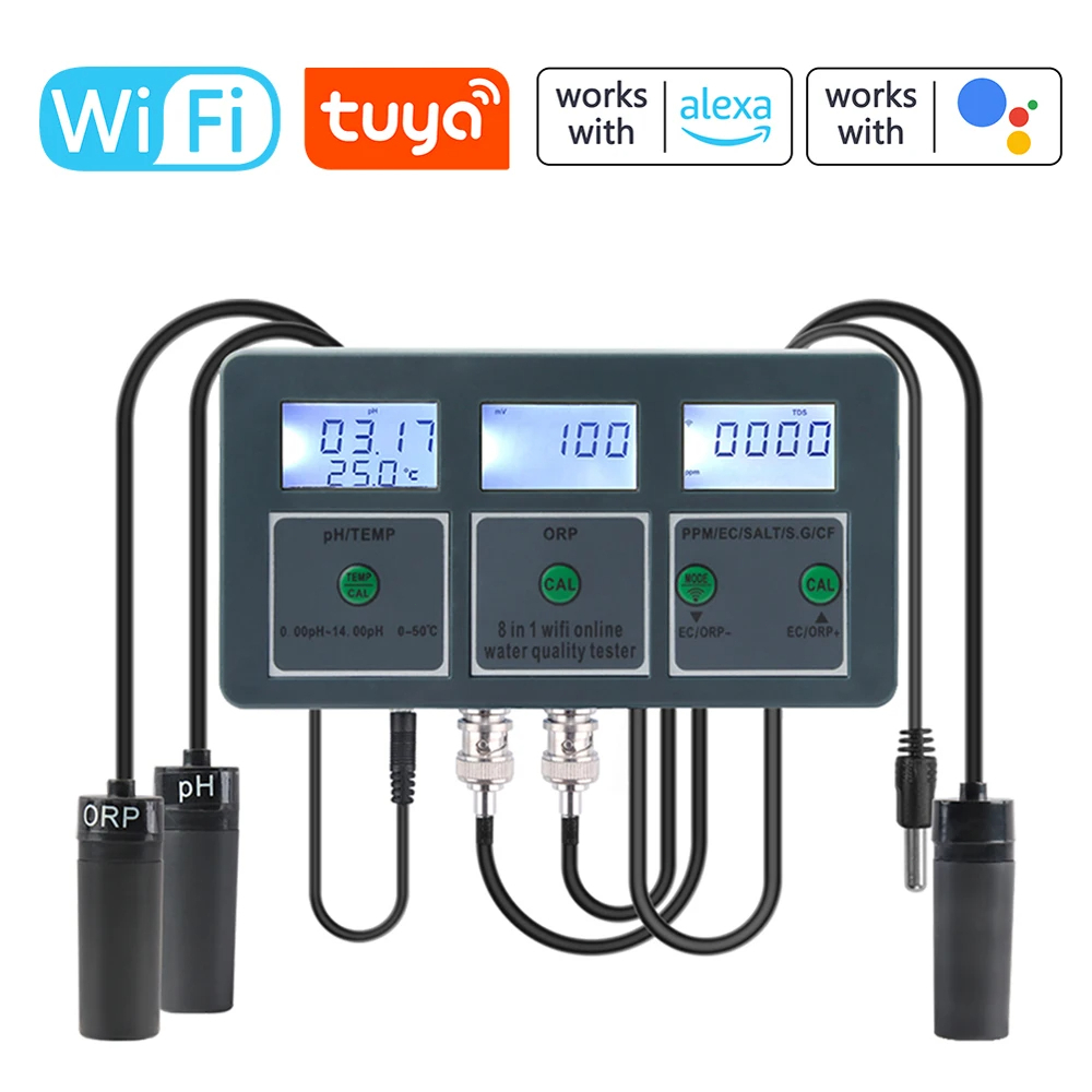Tuya WiFi 8 In 1 เครื่องตรวจจับคุณภาพน้ำ S.G/PH/EC/ORP/TDS/CF/เกลือ/อุณหภูมิน้ำ Monitor เครื่องทดสอบคุณภาพน้ำ