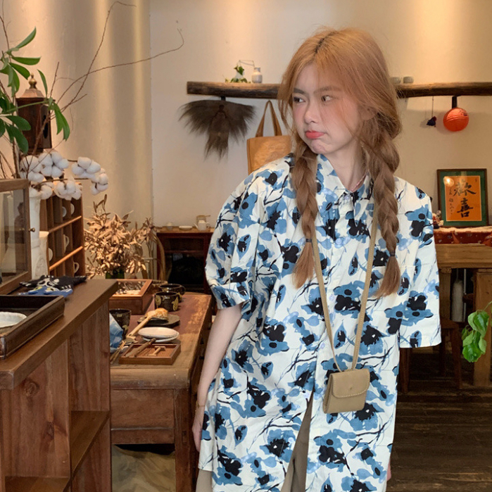 knowyou เสื้อเชิ๊ตลายดอกไม้ เนื้อผ้าดี ผ้าไม่หนา ไม่บาง ทรงOversize สไตส์เกาหลีของหนุ่มๆสาวๆ