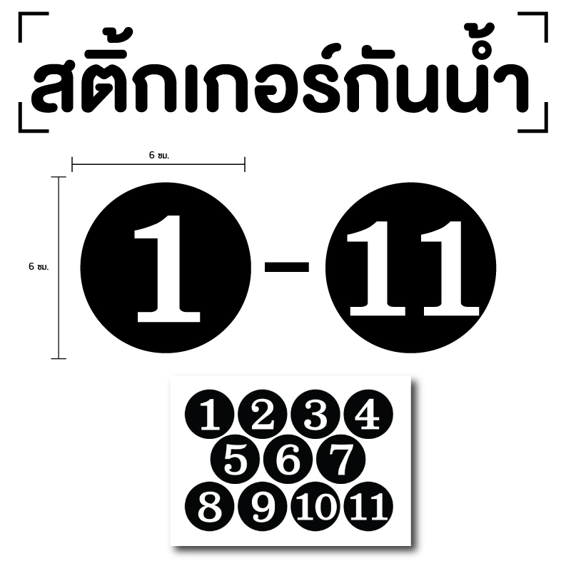 สติกเกอร์ สติ้กเกอร์กันน้้ำ ติดประตู,ผนัง,กำแพง (ป้ายตัวเลข 1-11) พื้นดำเลขขาว ขนาด 6x6 ซม ได้รับ 11 ดวง [รหัส A-159]