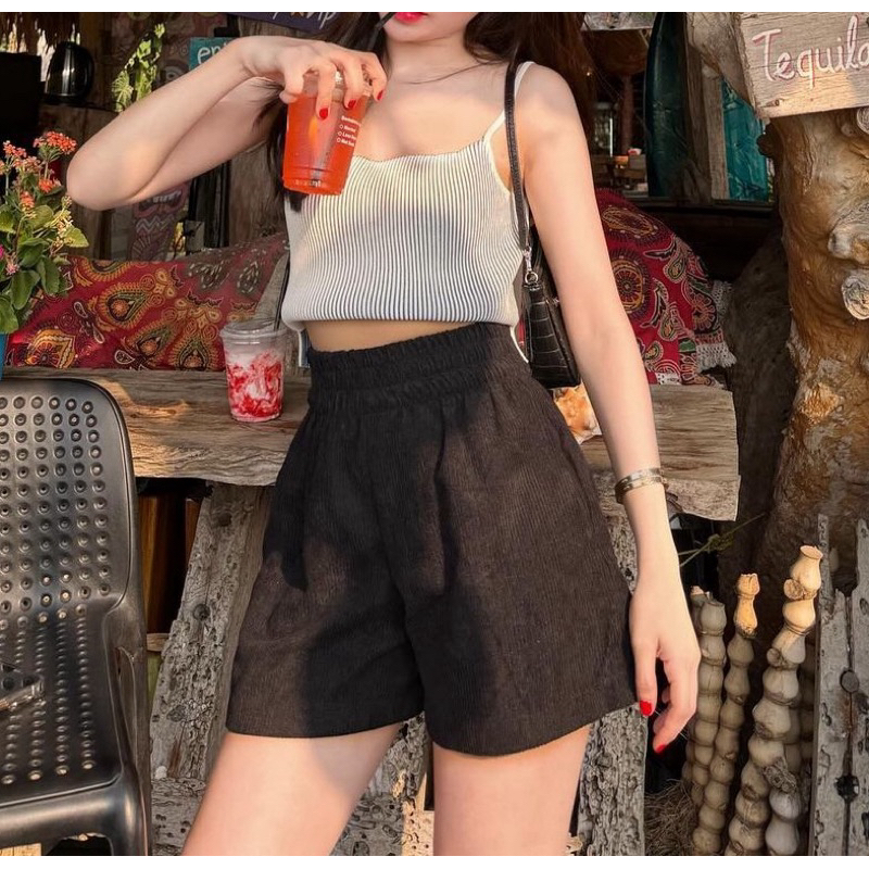 Chu pants - ขาสั้นผ้าลูกฟูก เอวสูง ขอบเอวหนาเก็บหุ่น