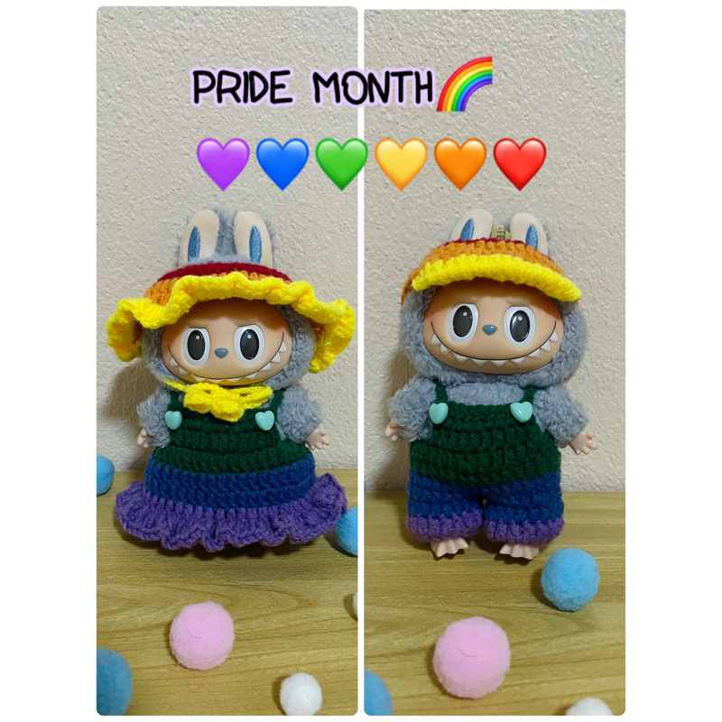 (พร้อมส่ง) ชุดไหมพรมถัก ลาบูบู้ (เอี๊ยม,เดรส+หมวก) เดือนไพรด์ pride month สีรุ้ง