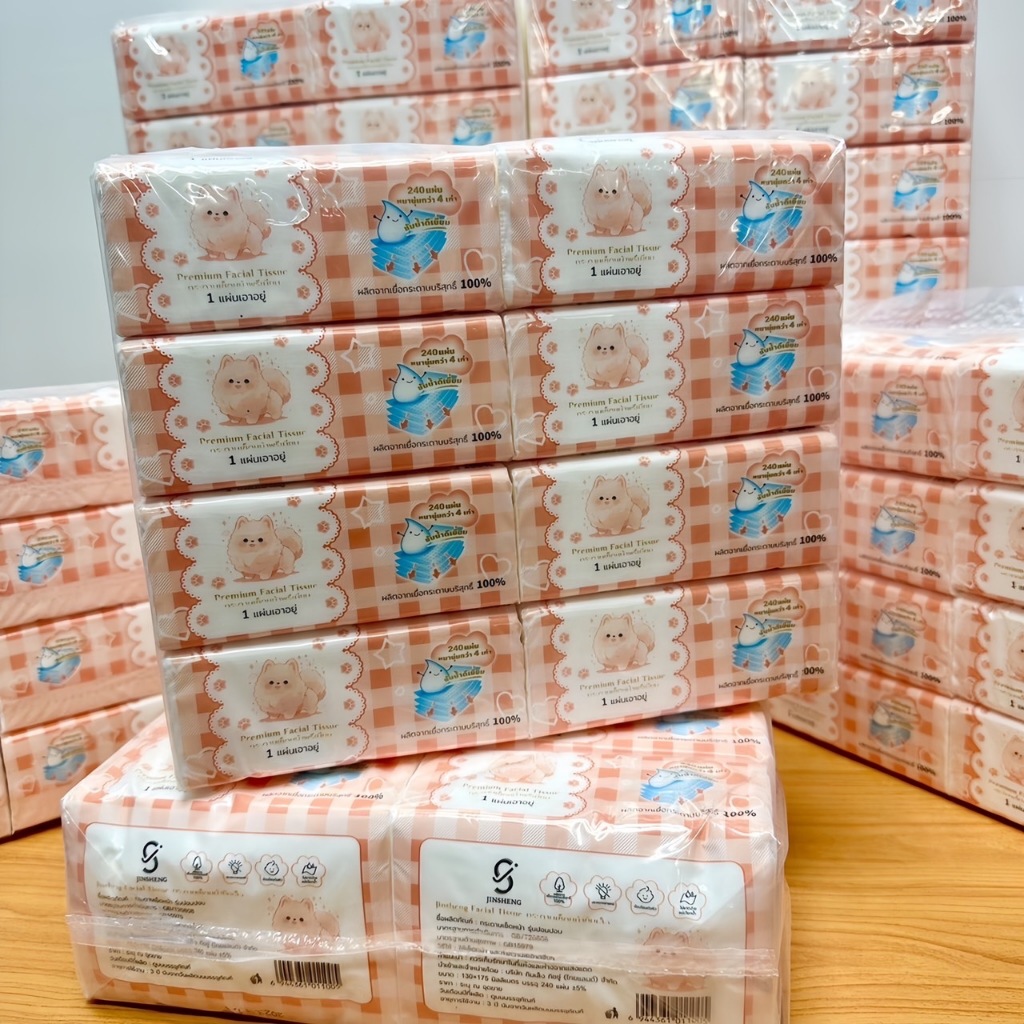 ZJ-05【ยกแพ็ค 8 ห่อ】กระดาษทิชชู่รุ่นปอมปอม กระดาษชำระ หนา 4 ชั้น 240 แผ่น GB/T 20808