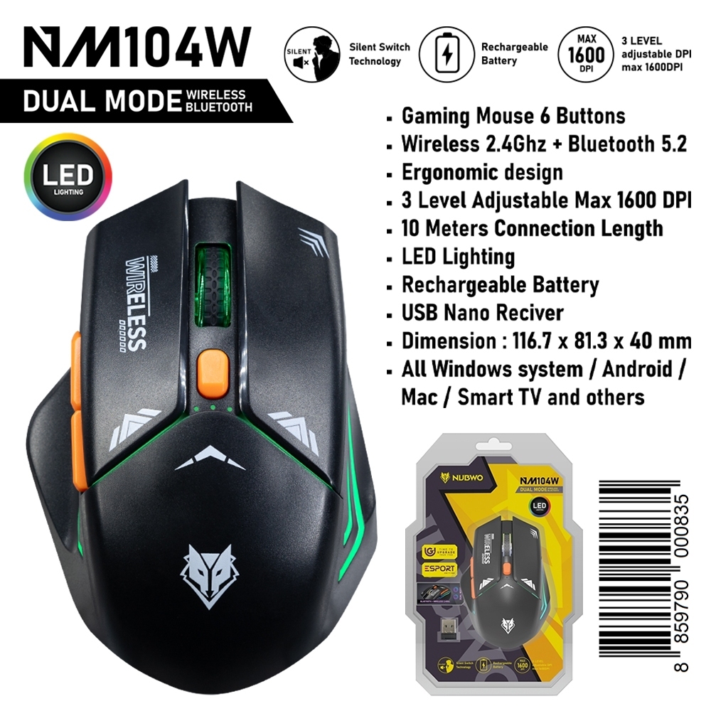 Nubwo NM-104W Mouse Dual Mode Wireless+Bluetooth เม้าส์ไร้สายและบลูทูธ