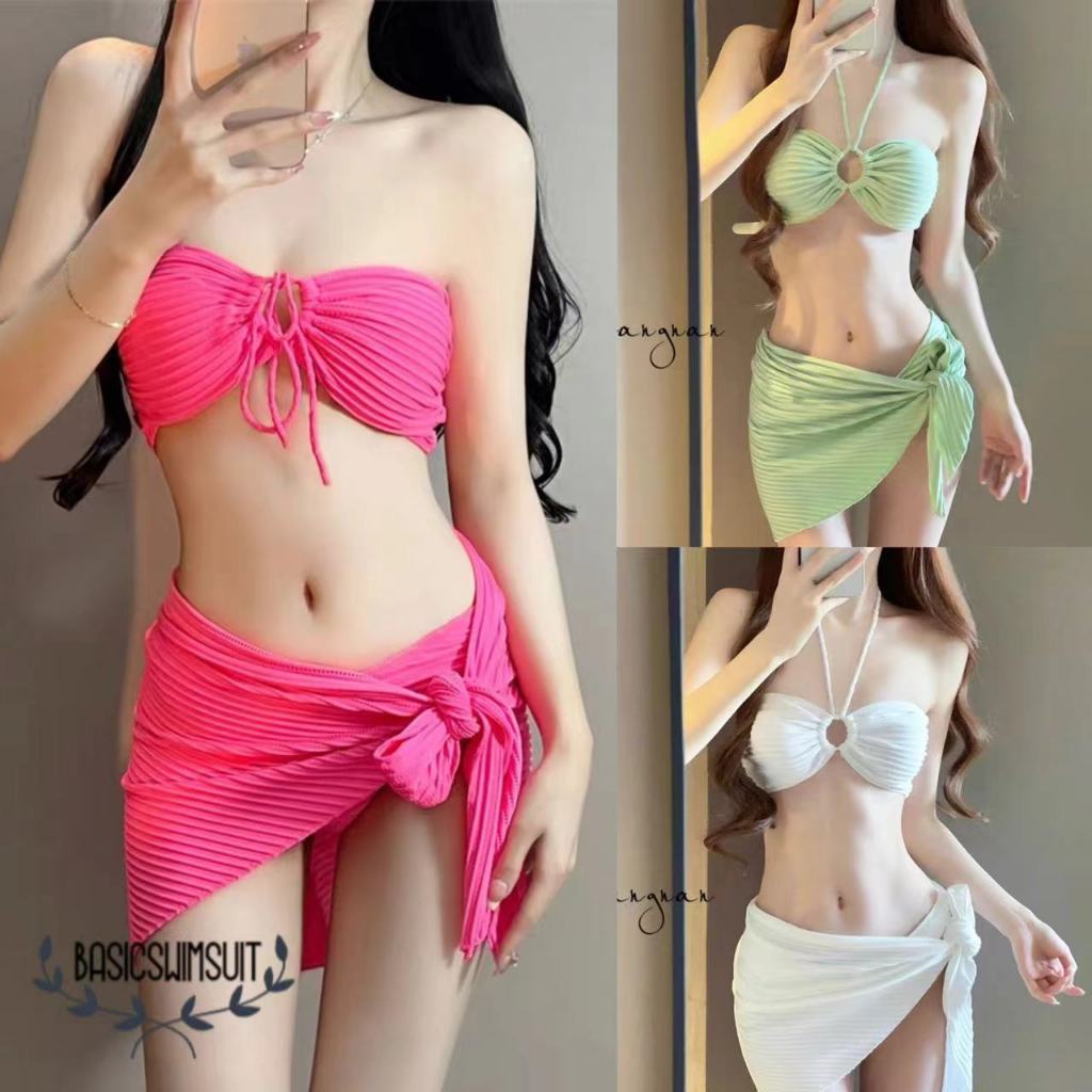Basic swimsuit ชุดว่ายน้ำ3ชิ้น set bikini รุ่นใหม่ ผูกคอ ชุดไปทะเล #0249