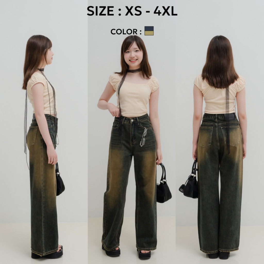Bemingjeans020(XS-4XL) - Vincent Jeans ยีนส์ขายาวทรงกระบอกใหญ่ ผ้ายีนส์แท้ ฟอกเฟดสีสนิม