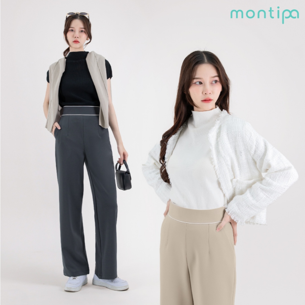 Montipa กางเกงกระบอกกลาง ซิปข้าง ดีเทลแต่งขอบเอว ช่วยทำให้ลุคดูไม่เรียบจนเกินไป  เนื้อผ้า Span D  45PWR64