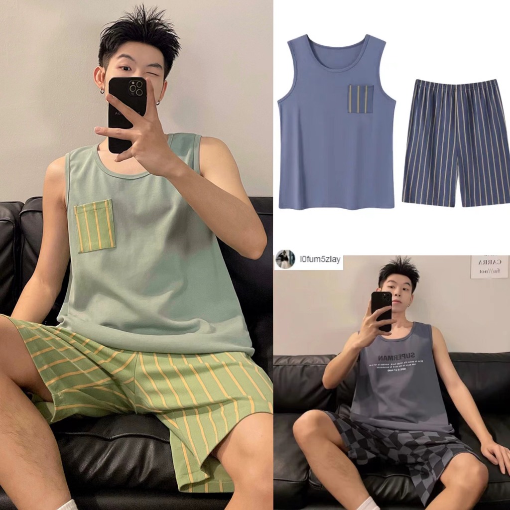 🔥👕🩳(ราคาถูกที่สุด)ชุดนอนผู้ชาย， ชุดนอน 2 ชิ้น， ผ้าฝ้ายคุณภาพสูง， หลากหลายแบบให้เลือก， ขาสั้น+เสื้อยืด，L-3XL