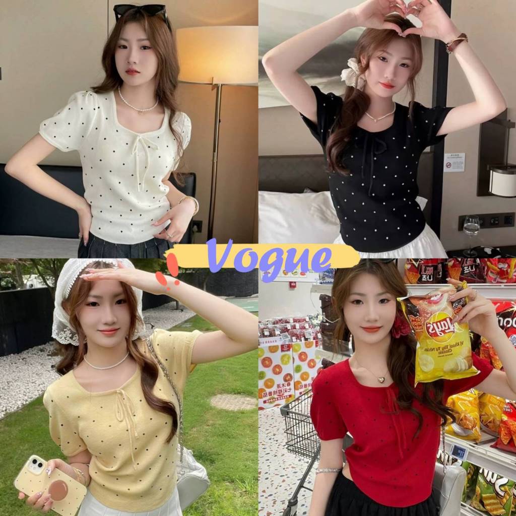 Vogue พร้อมส่ง เสื้อยืดไหมพรม คอกลม แขนสั้น ดีเทลลายจุด ผูกโบว์ที่หน้าอก (X65)