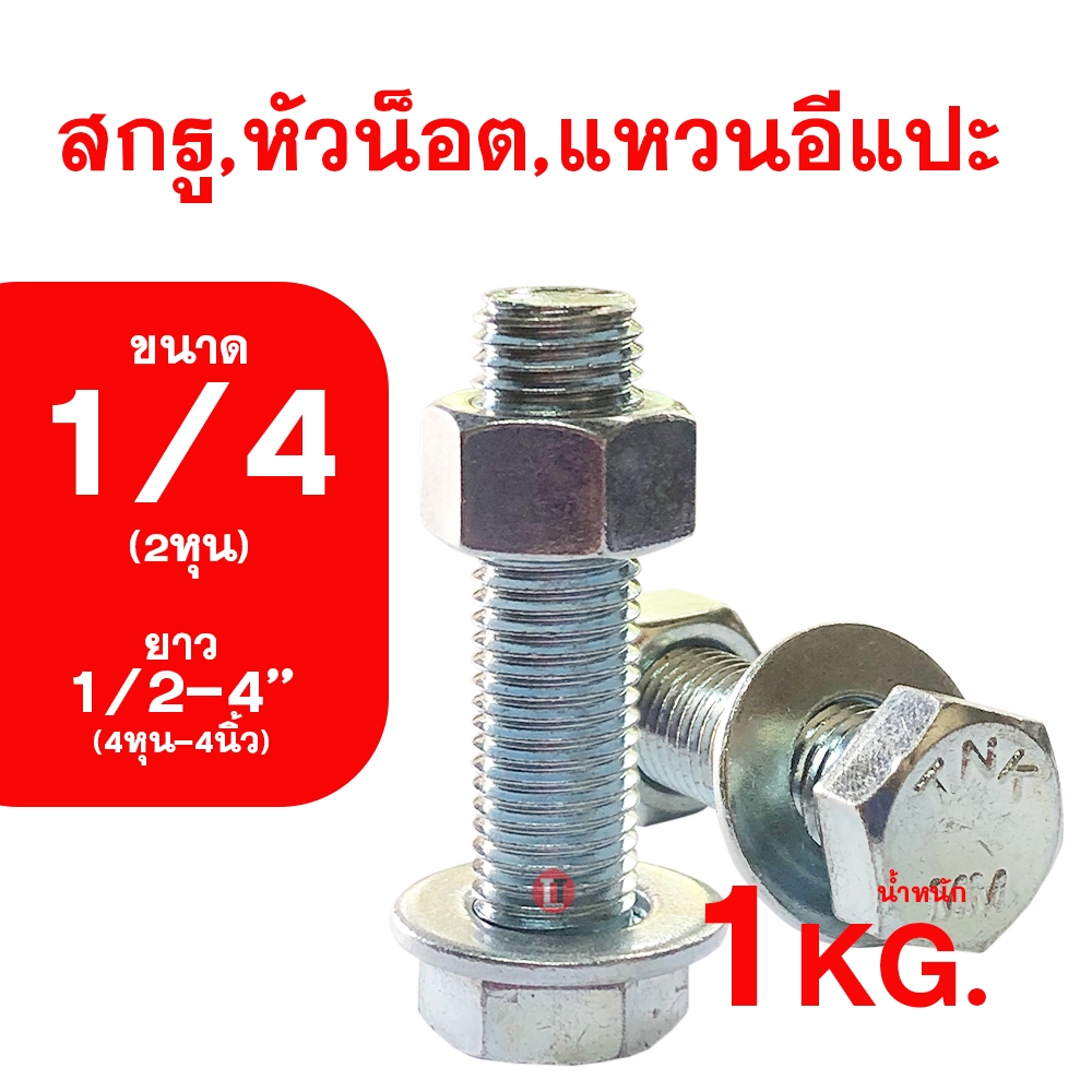 น็อต เกลียวหุนชุบขาว ขนาด2หุน (1/4) ความยาว4หุน-4นิ้ว (1/2-4'') สกรู,หัวน็อต,แหวนอีกแปะ รวม1กิโลกรัม