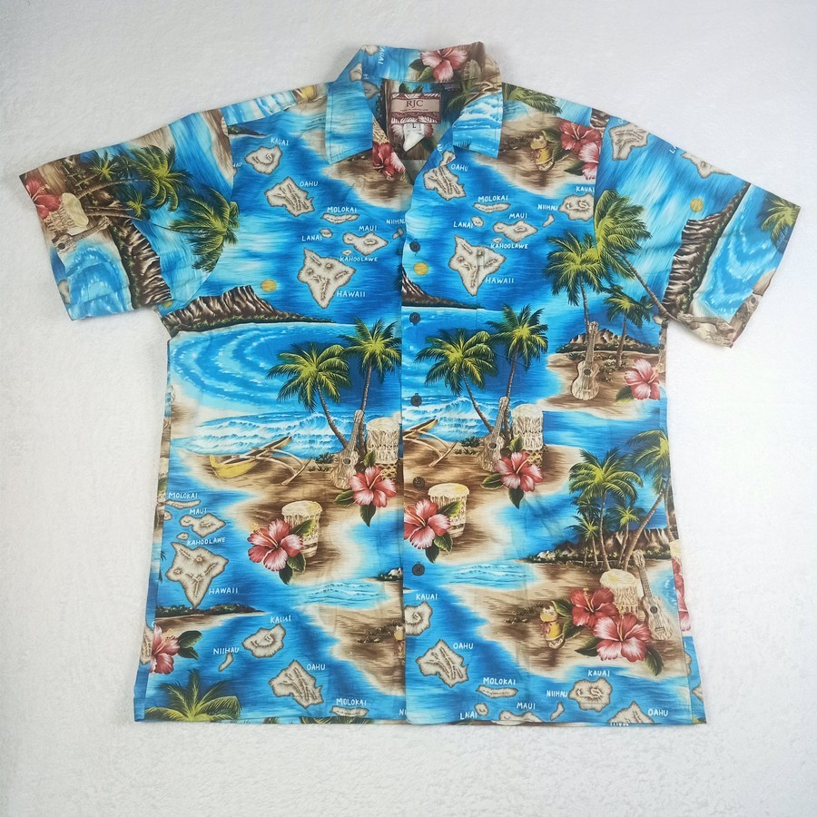 เสื้อฮาวายวินเทจ RJC Hawaiians Shirt 100% Cotton Sz L Made in Hawaii USA