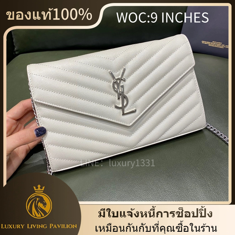 👜ซื้อในฝรั่งเศส Yves saint Laurent YSL WOC9 INCHES CASSANDRE คาเวียร์ กระเป๋าโซ่ สีขาว（การรับประกัน 