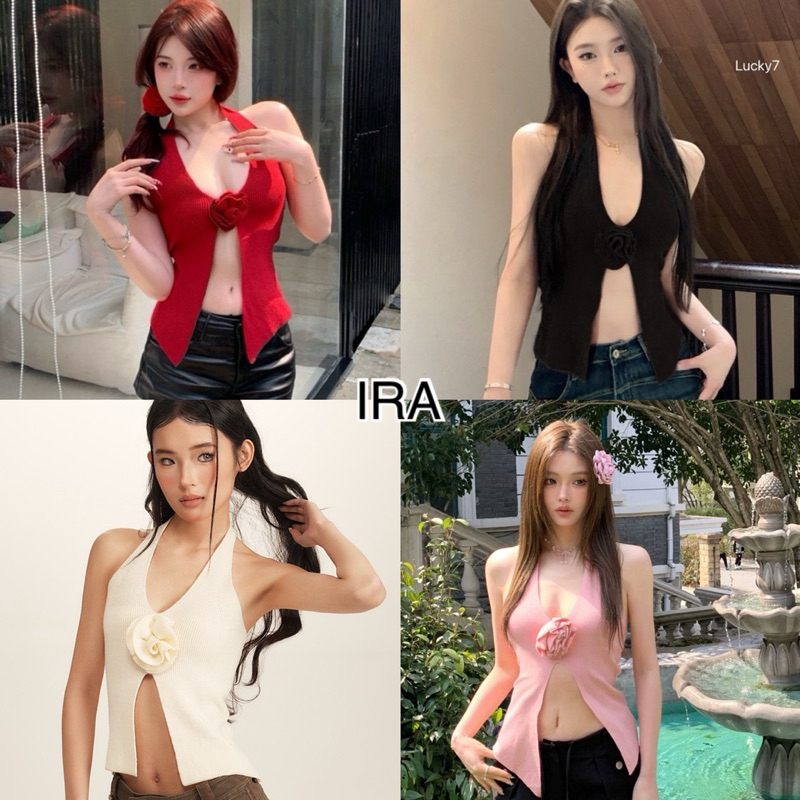BY IRA Honeybee Top (24046-1) เสื้อคล้องคอไหมพรม ดีเทลเว้าหน้า แซ่บเบอร์10 สไตล์สาวฮาวายสุดๆ