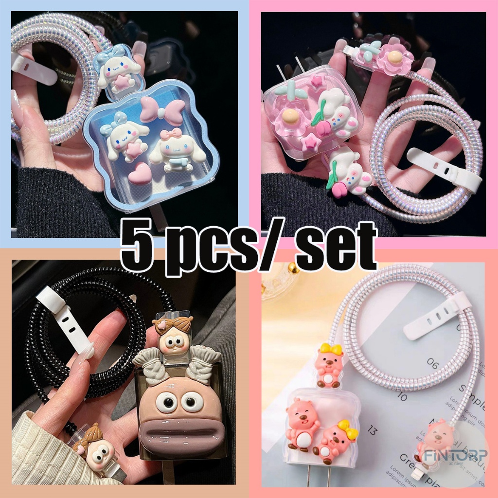(1เซตมี5ชิ้น )Power Adapter 18W/20W USB C เคสสายชาร์จ เคสซิลิโคนอ่อนนุ่มลายการ์ตูนน่ารักสําหรับชาร์จ ตัวถนอมสายชาร์จ