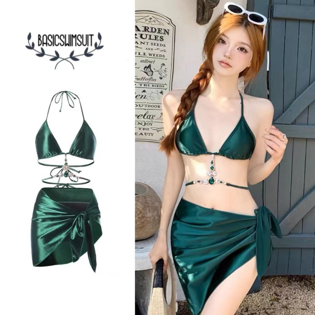 🧡Basic swimsuit💛ชุดว่ายน้ำ3ชิ้น ผูกคอ green bikini sexy โชว์หลัง #0254