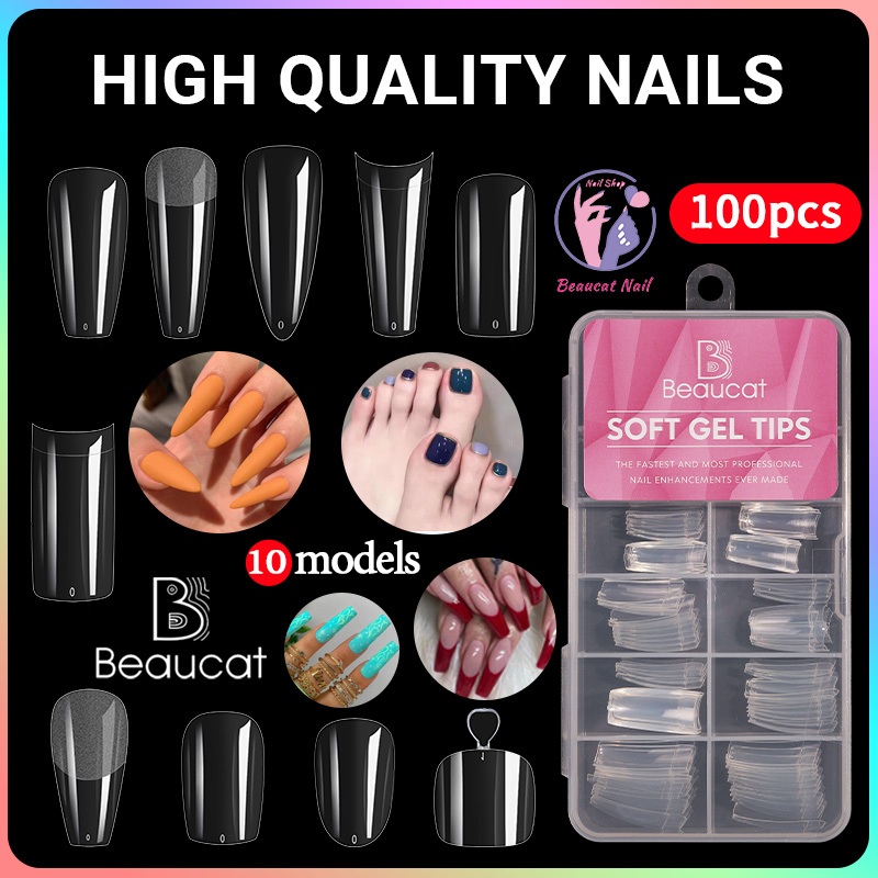 Beaucat เล็บปลอม pvc บางเฉียบไร้รอย ขุ่นไม่ต้องขัด ไม่แตกหักง่าย เหลี่ยมยาว บัลเล่ต์ เหลี่ยม กล่องละ100ชิ้น