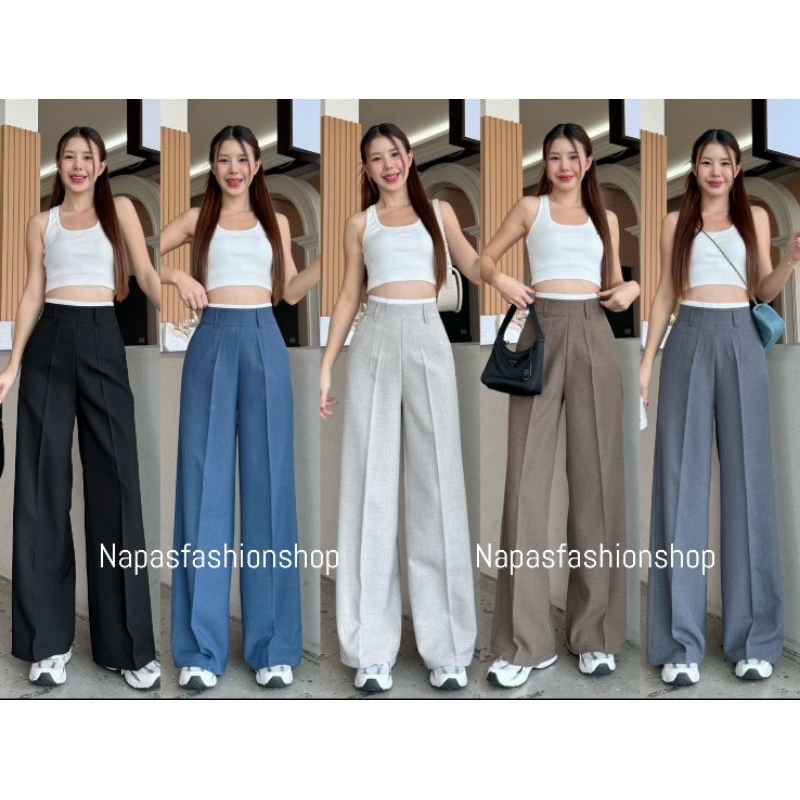 Soda Pants กางเกงขากระบอกกลางผ้าโซดา เอวสูง ซิปข้าง แต่งดีเทลขอบขาวที่เอว มีหูเข็มขัด