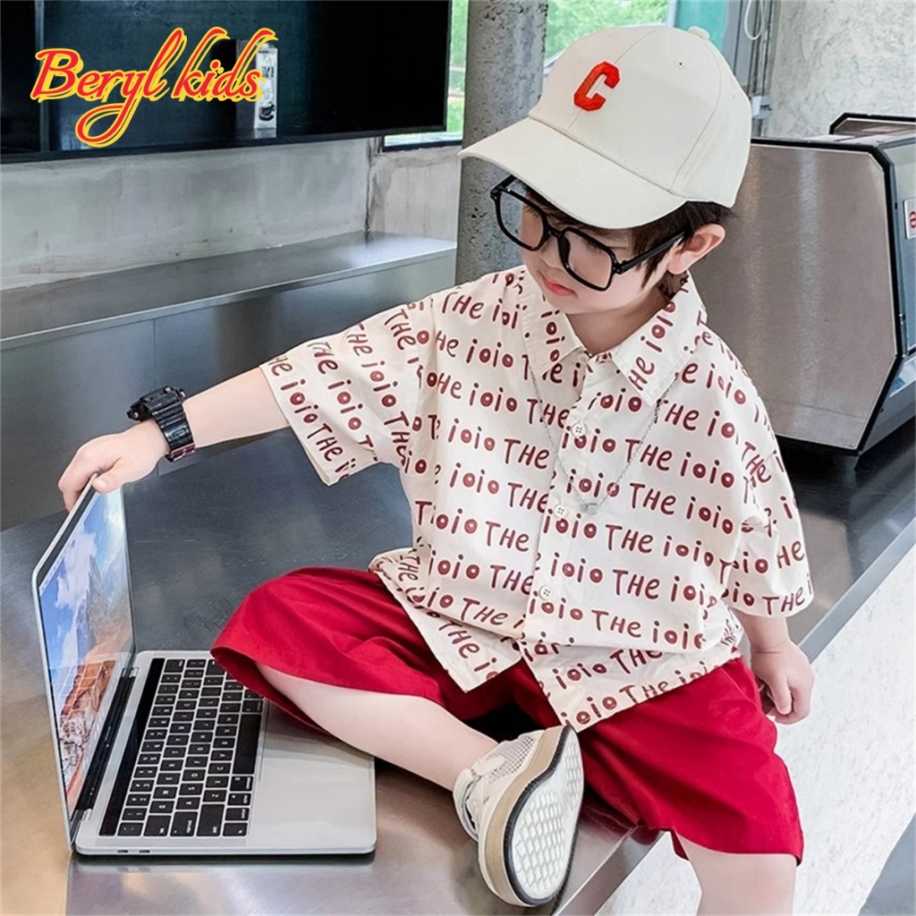 Beryl kids ชุดเซ็ทเด็กชายแฟชั่น เสื้อแขนสั้นกางเกงขาสั้น ลําลอง พิมพ์ตัวอักษร สไตล์เกาหลี รุ่นใหม่ ฤดูร้อน