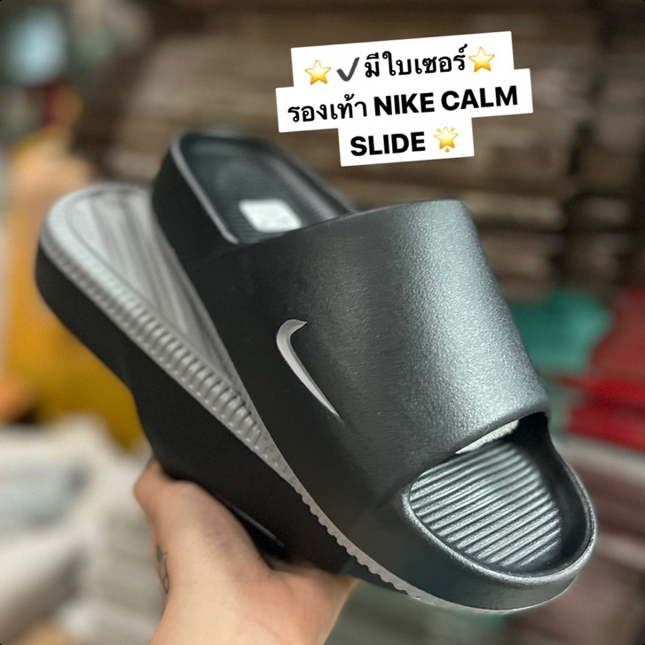 รองเท้าแตะ 2024 NIKE CALM SLIDE ผิวหยาบ พื้นโลโก้ มีป้าย รองเท้าแตะพื้นสูง รุ่นใหม่ นิ่มมาก