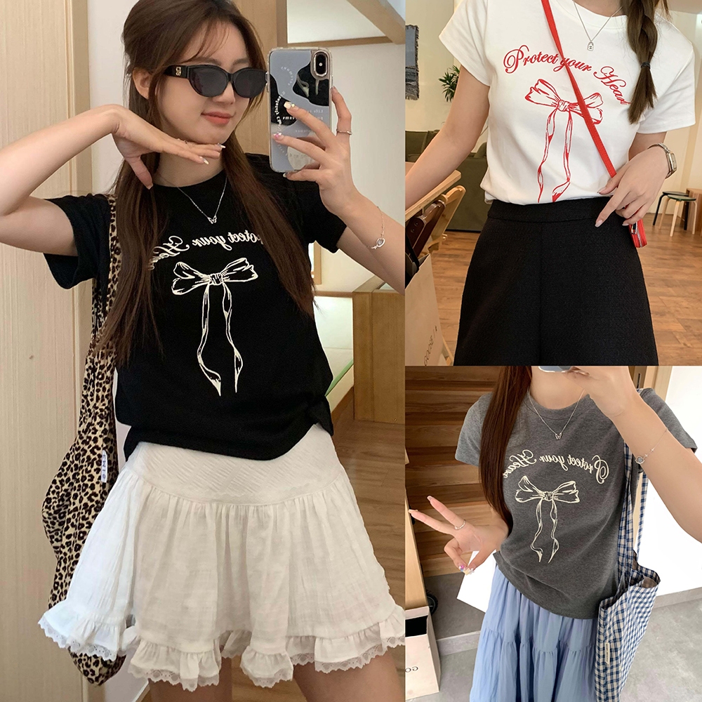 Beryl🌻เสื้อยืดคอกลมผู้หญิง เสื้อยืดโบว์หวาน ทรงสลิมฟิตแบบลำลอง