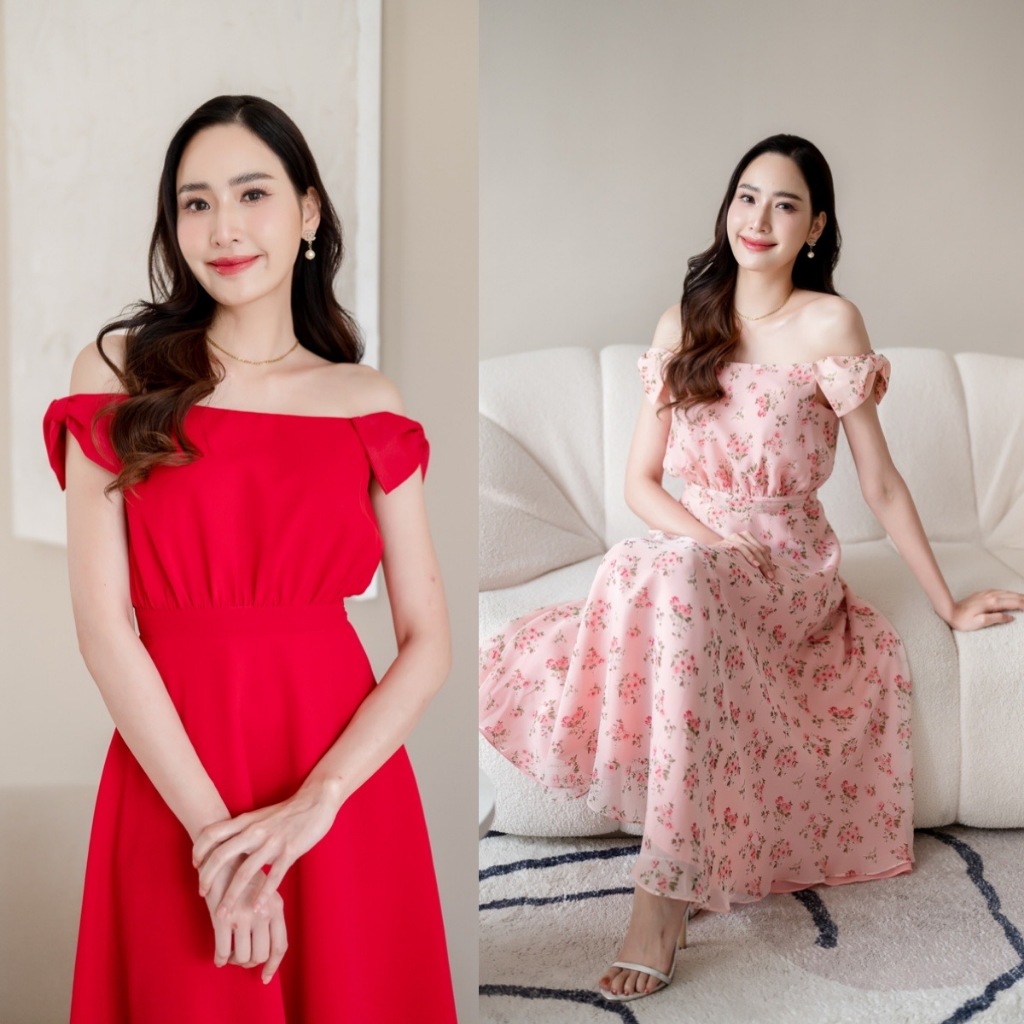PD259 Midi Dress เดรสผ้าชีฟอง คอปาด แต่งโบว์ (สามารถใส่แบบเปิดไหล่ หรือ ใส่เป็นแขนกุดได้) กระโปรงย้วยบาน